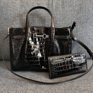Michael Kors Carson Medium Crocodile Embossed Satchel with wallet